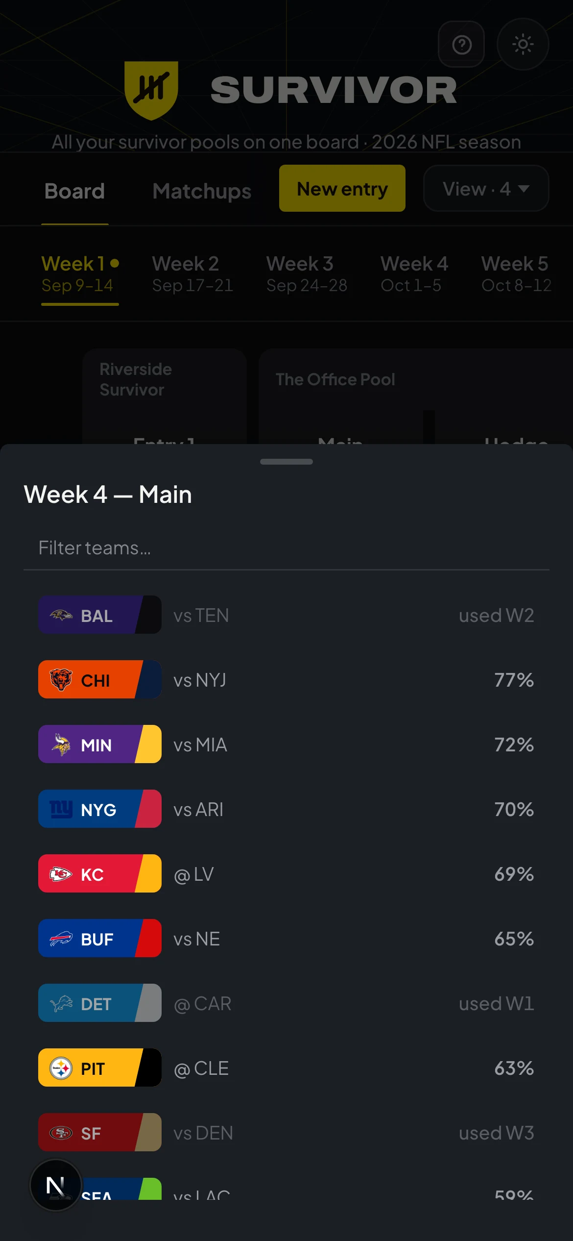 Survivor on a phone: a week's pick sheet slid up over the board, teams ranked by win probability, one already grayed out as used.