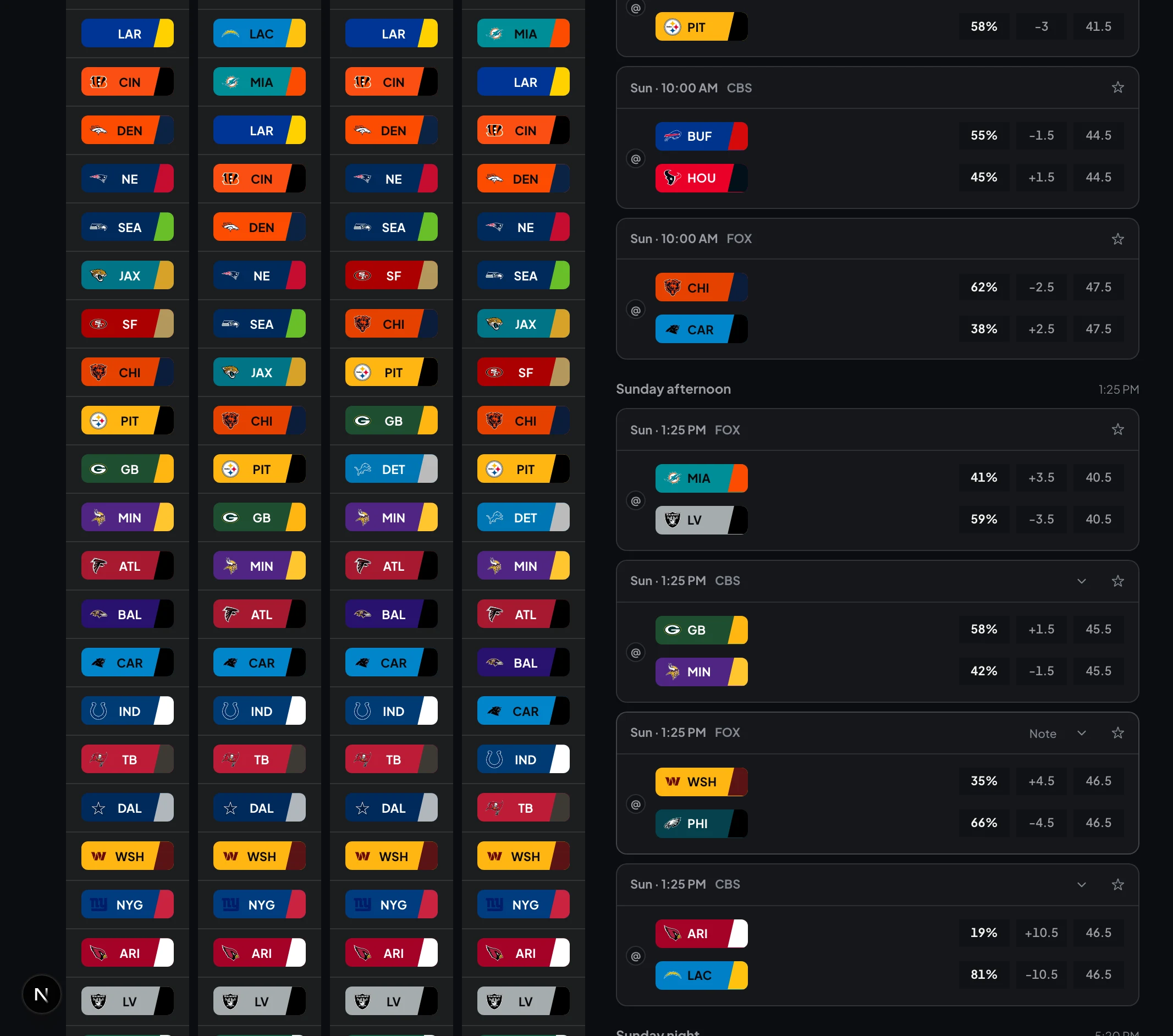 Four entry columns continuing below the picks grid, each stacking its unused teams in tier order.